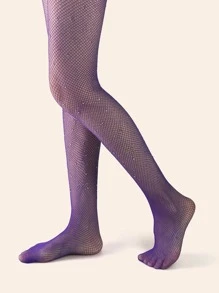 Rhinestone Decor Fishnet Tights - Purple - View 4