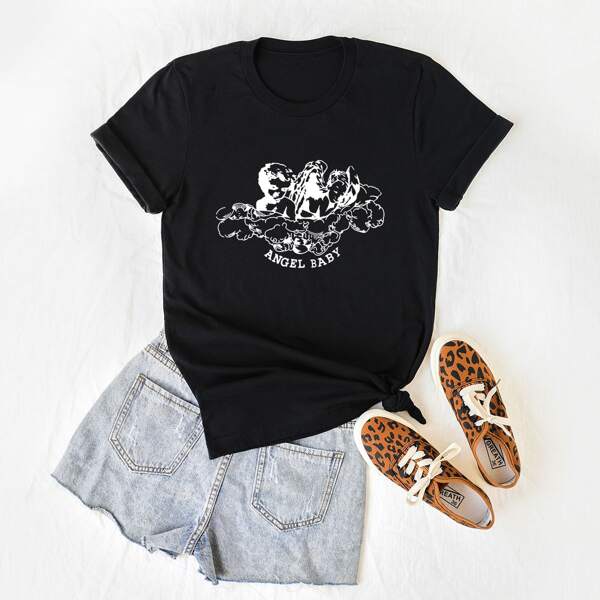 

Plus Angel And Letter Graphic Round Neck Tee, Black