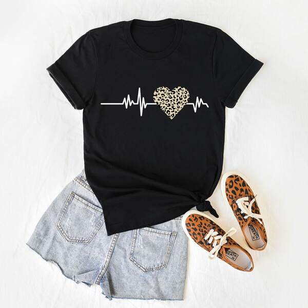 

Plus Leopard And Heart Print Tee, Black