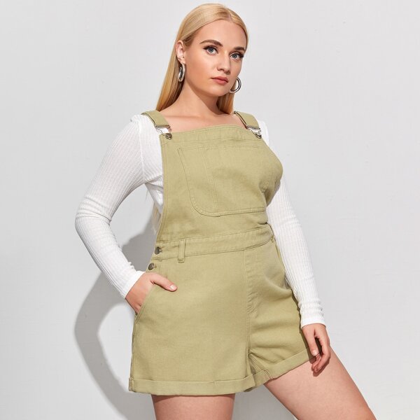 

Plus Adjustable Strap Pocket Front Denim Overalls, Khaki