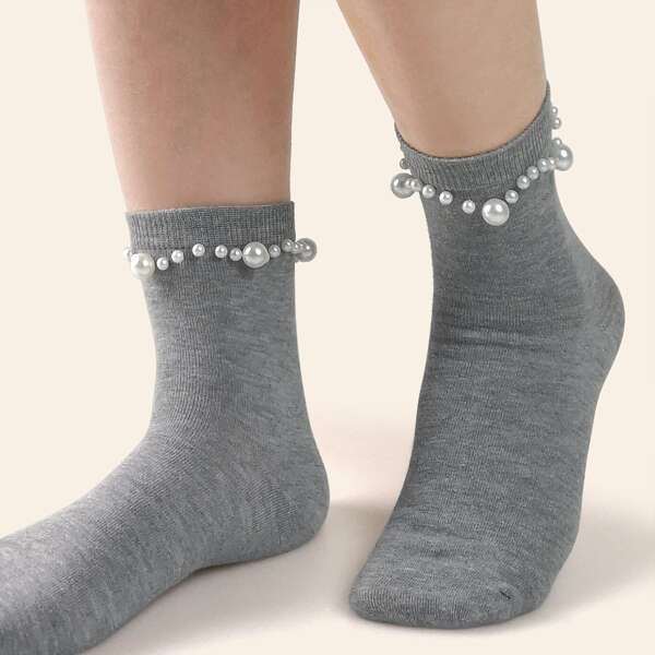 

Faux Pearl Decor Socks, Grey