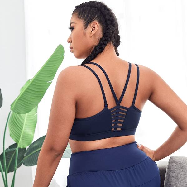 

Plus Medium Support Spaghetti Strap Sports Bra, Navy blue