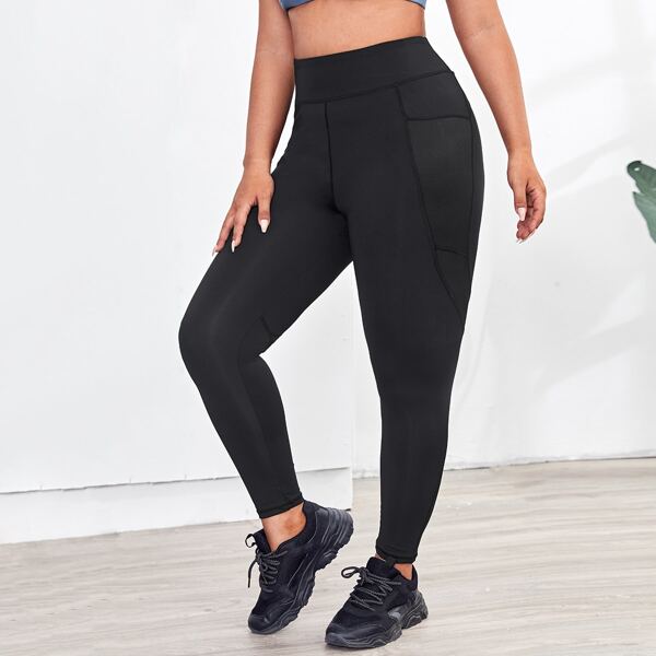 

Plus Solid Wide Waistband Sports Leggings, Black