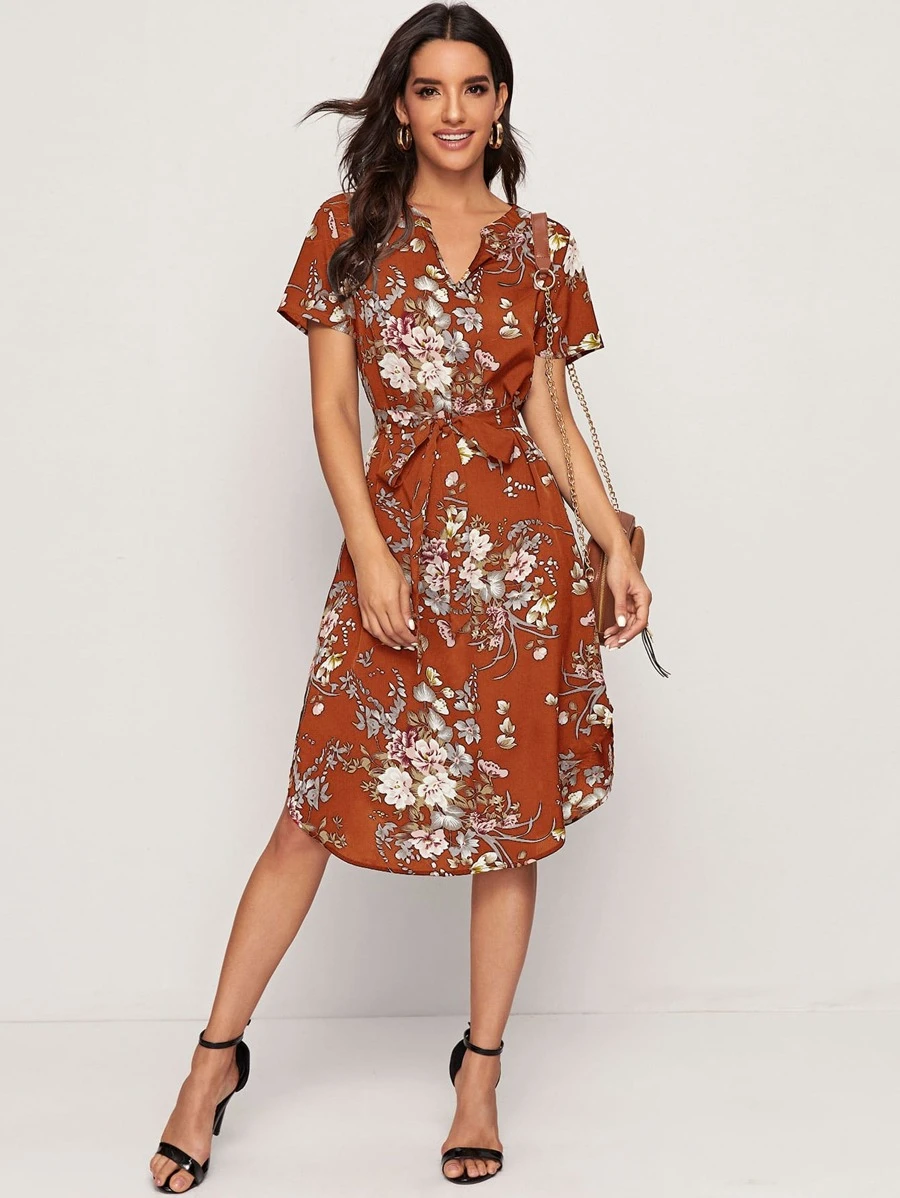 SHEIN Clasi Notch Neck Split Curved Hem Belted Dress - Rust Brown - View 1