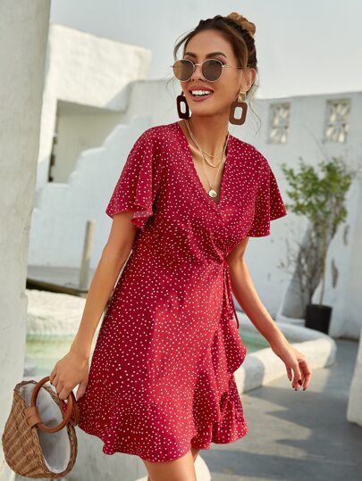 SHEIN Holidaya 波卡圓點側結飾圍裹A型連衣裙