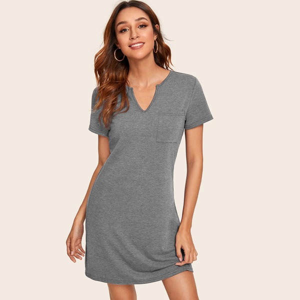 

V-cut Neck Patch Pocket Textured Dress, Grey