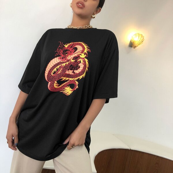 

Chinese Dragon Print Top, Black