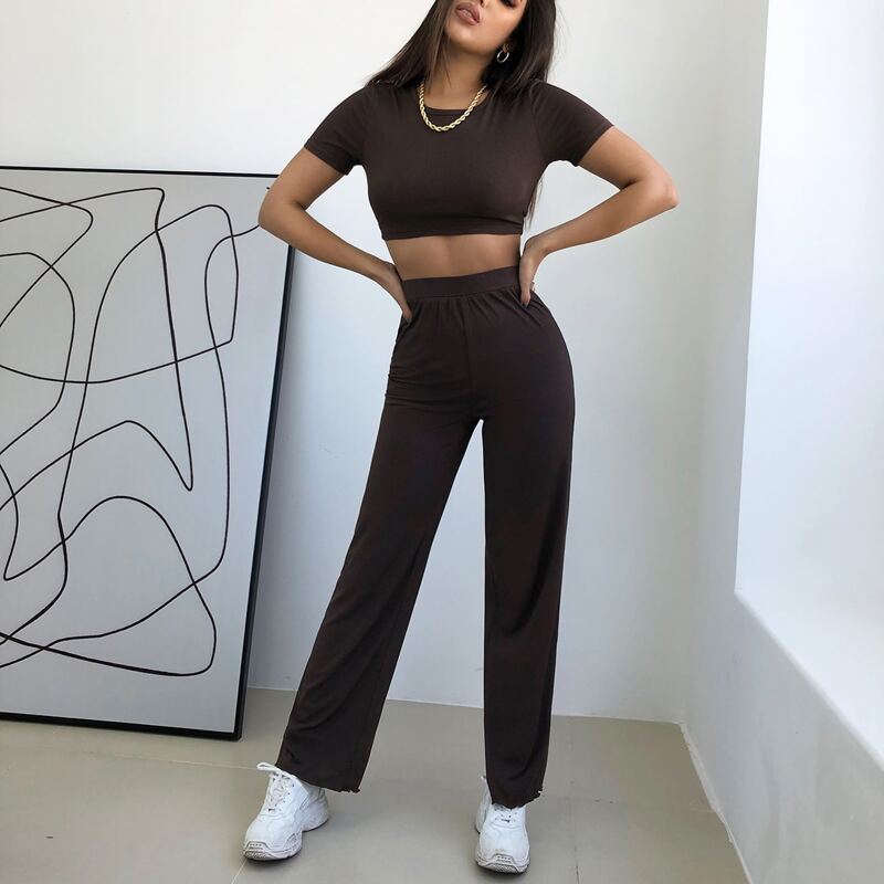 

Solid Crop Top & Pants Set, Chocolate brown