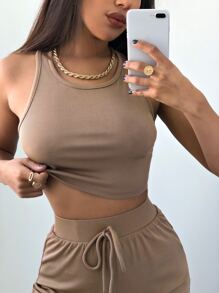 SHEIN Unity Top Corto De Punto Acanalado Sin Mangas - Marrón Mocha - Ver 1