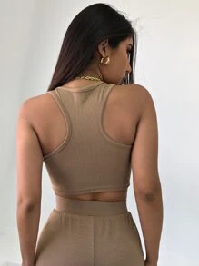 SHEIN Unity Top Corto De Punto Acanalado Sin Mangas - Marrón Mocha - Ver 2