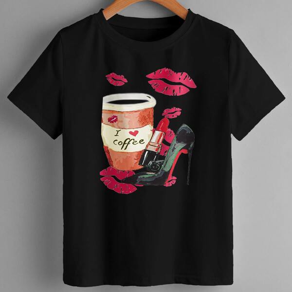 

Lip And Graphic Print Tee, Black