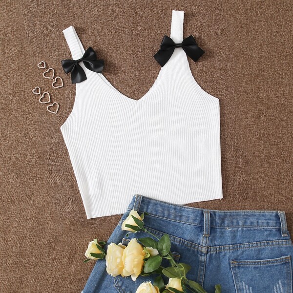 

Bow Front Ribbed Knit Top, White