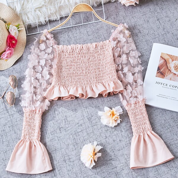 

Appliques Contrast Mesh Flounce Sleeve Crop Shirred Top, Baby pink