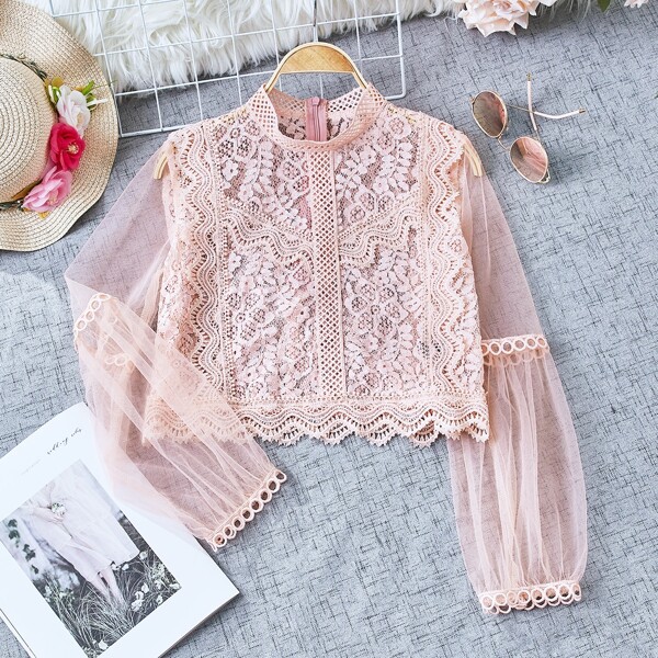

Mock Neck Zipper Back Crop Lace Sheer Blouse, Baby pink