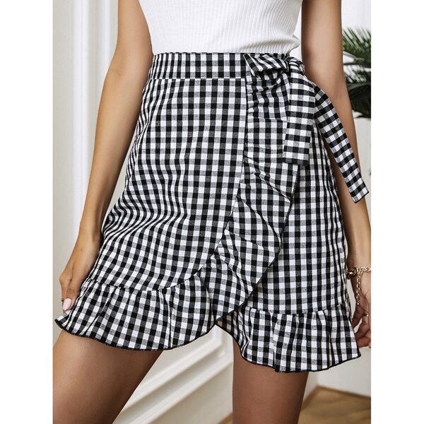 

Gingham Ruffle Trim Wrap Knot Skirt, Black and white
