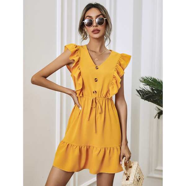 

Ruffle Trim Button Front V Neck Dress, Mustard yellow