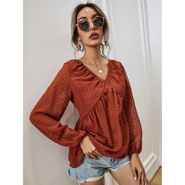 

Swiss Dot Tie Back Blouse, Rust brown