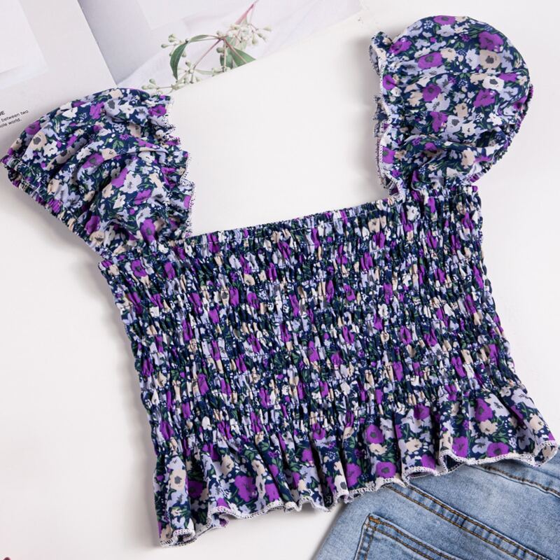 

Square Neck Shirred Ditsy Floral Top, Multicolor