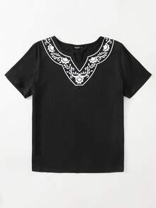 Camiseta de cuello V con estampado floral - Negro - Ver 3