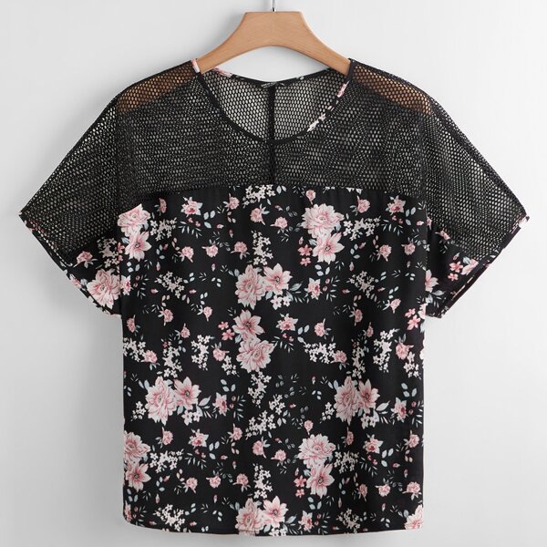 

Plus Contrast Mesh Floral Print Blouse, Black