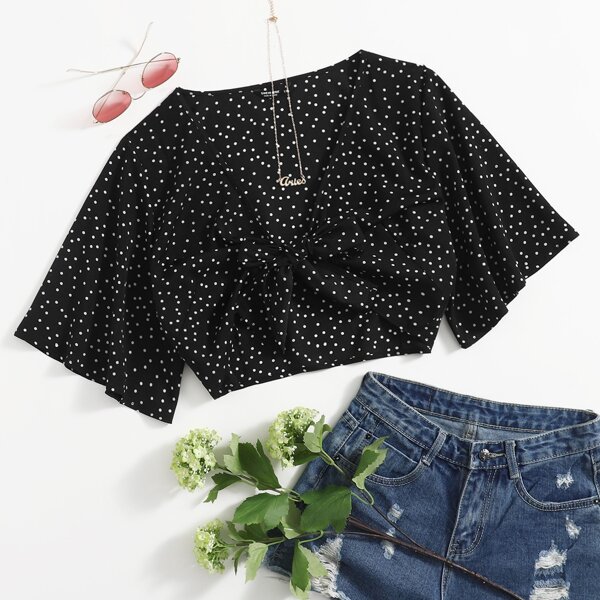 

Plus Polka Dot Knot Front Crop Top, Black