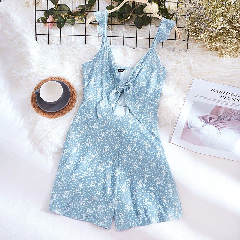 

Ditsy Floral Knot Front Ruffle Cami Romper, Baby blue