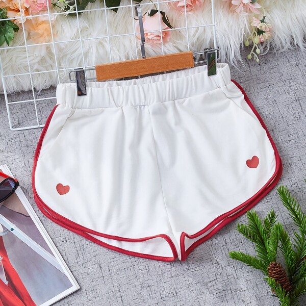 

Heart Print Contrast Binding Track Shorts, White