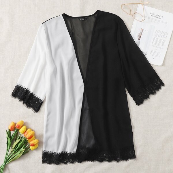 

Plus Two Tone Lace Trim Kimono, Black and white