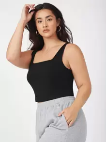 SHEIN BASICS Plus Solid Tank Top - Black - View 5