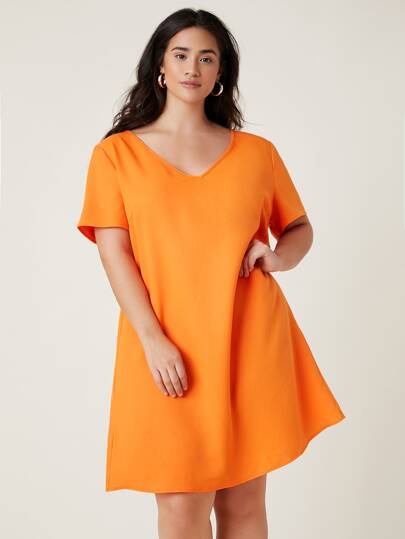 SHEIN Plus Neon Orange V-Neck Solid Tunic Dress