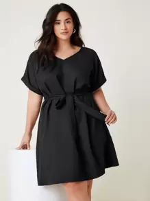 SHEIN Plus Roll Up Sleeve Solid Belted Dress - Black - View 1