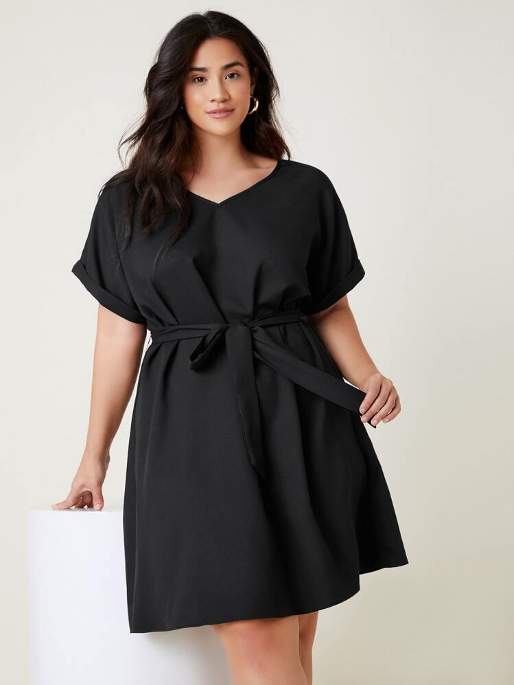 SHEIN Plus Roll Up Sleeve Solid Belted Dress - Black - View 1