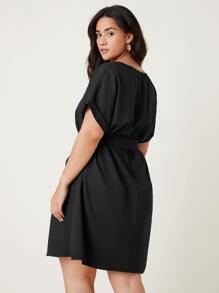 SHEIN Plus Roll Up Sleeve Solid Belted Dress - Black - View 2