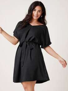 SHEIN Plus Roll Up Sleeve Solid Belted Dress - Black - View 3