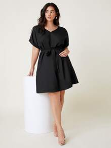 SHEIN Plus Roll Up Sleeve Solid Belted Dress - Black - View 4