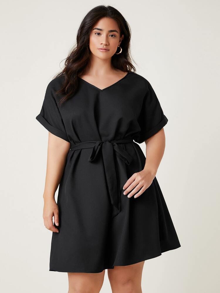 SHEIN Plus Roll Up Sleeve Solid Belted Dress - Black - View 5