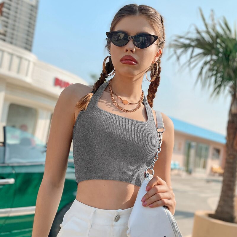 

Halter Neck Crop Ribbed Knit Top, Grey