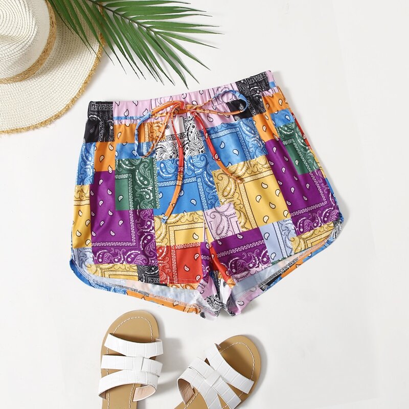 

Scarf Print Knot Front Shorts, Multicolor