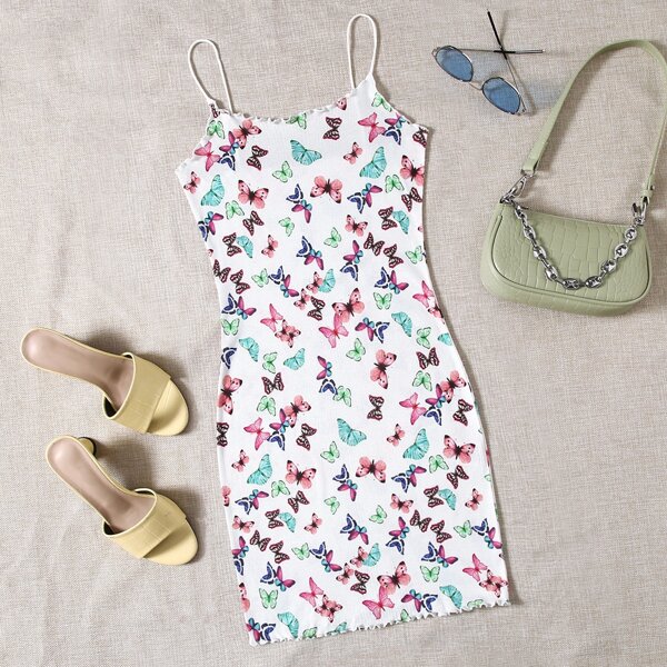 

Butterfly Print Lettuce Trim Bodycon Dress, Multicolor