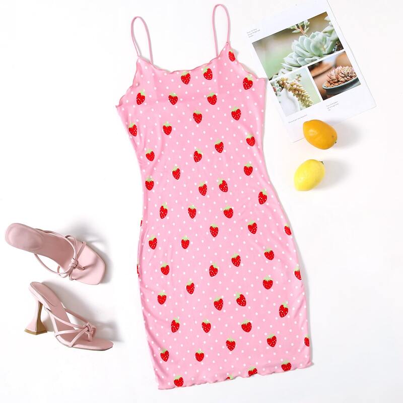

Strawberry & Polka Dot Print Lettuce Trim Bodycon Dress, Baby pink