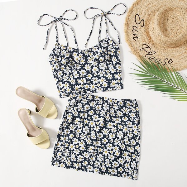 

Daisy Print Tie Shoulder Cami Top & Skirt Set, Multicolor