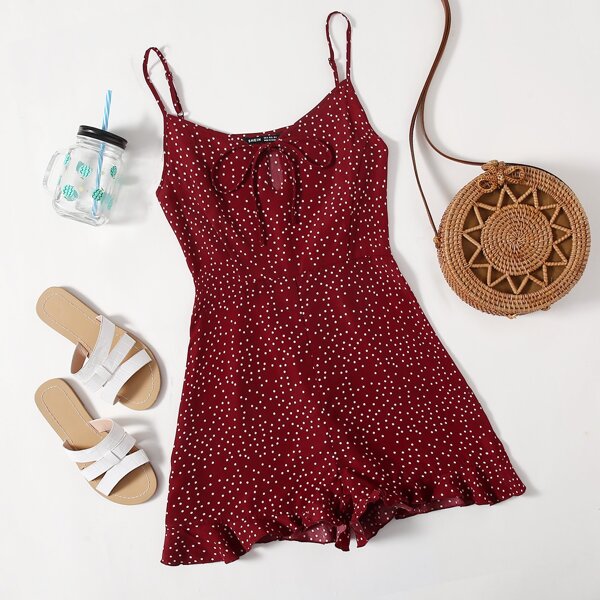 

Polka Dot Print Cut out Ruffle Hem Cami Romper, Burgundy