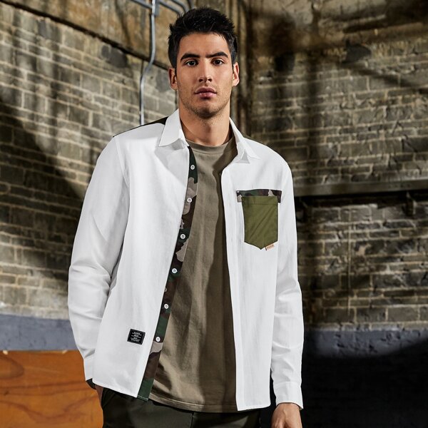 

Men Colorblock Patched Patch Pocket Shirt, White