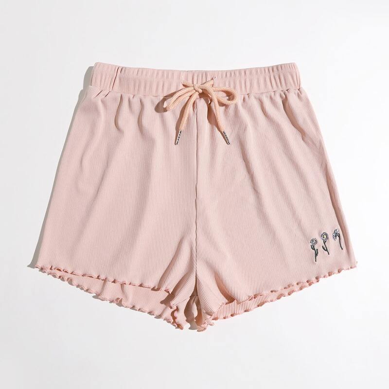 

Floral Embroidery Drawstring Shorts, Baby pink
