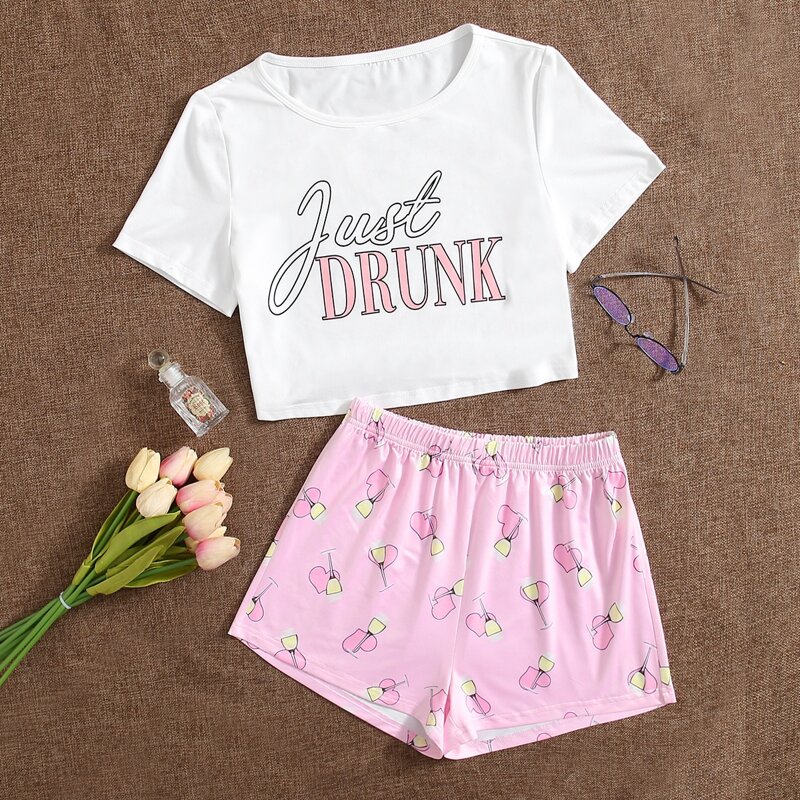

Slogan And Heart Print Pajama Set, Multicolor