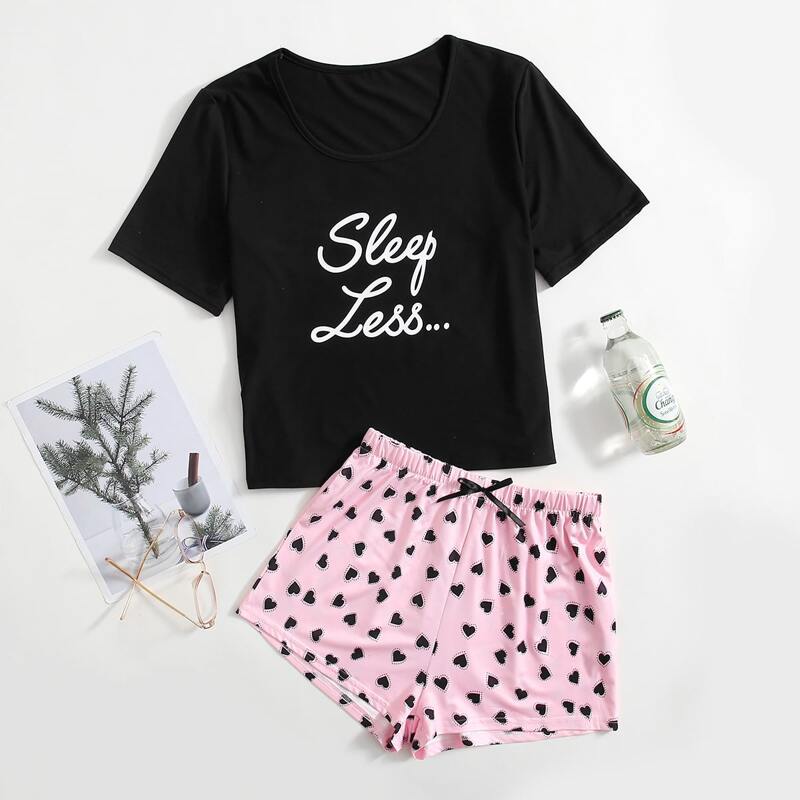 

Letter And Heart Print Pajama Set, Multicolor