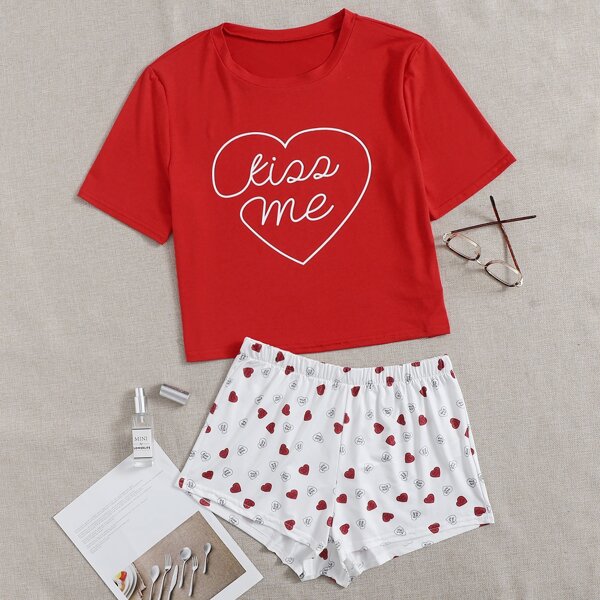 

Letter And Heart Print Pajama Set, Red and white