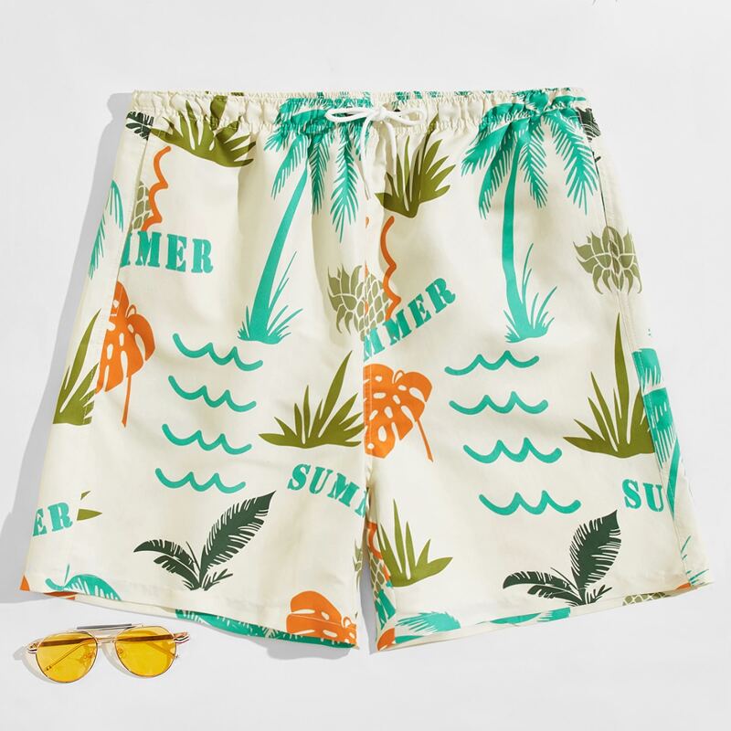 

Guys Tropical Print Drawstring Swim Trunks, Multicolor