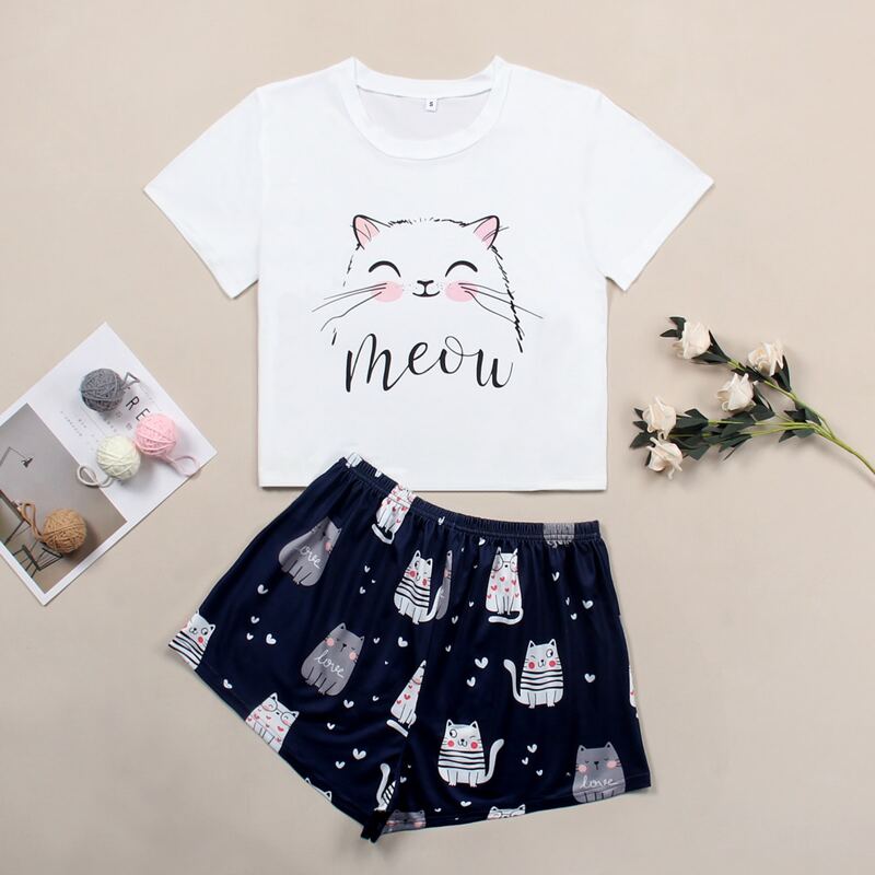 

Cat And Letter Graphic Pajama Set, Blue and white