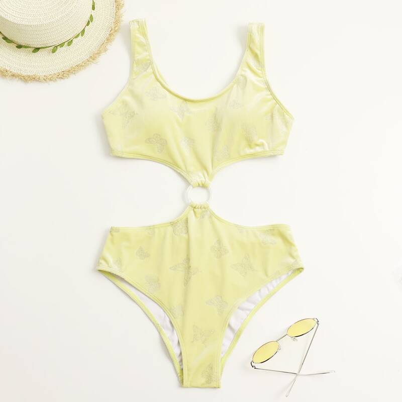 

Butterfly Print Ring Linked One Piece Swimsuit, Yellow